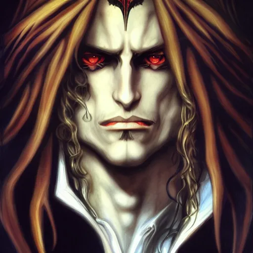 Prompt: alucard from csatlevania, baroque style, by ayami kojima, masterpiece, 8 k, 4 k, highly detailed, complex, artstation