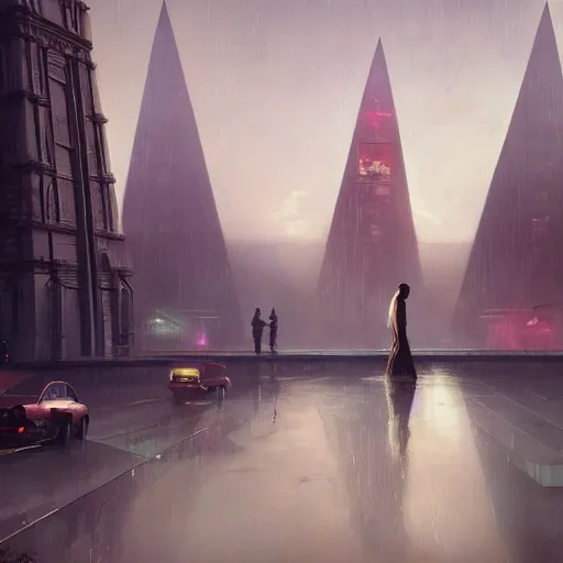 Image similar to futuristic pyramids, spires, chillwave, electronic billboards, tech noir, wet reflections, atmospheric, ambient, livia prima, greg rutkowski, edward hopper, pj crook