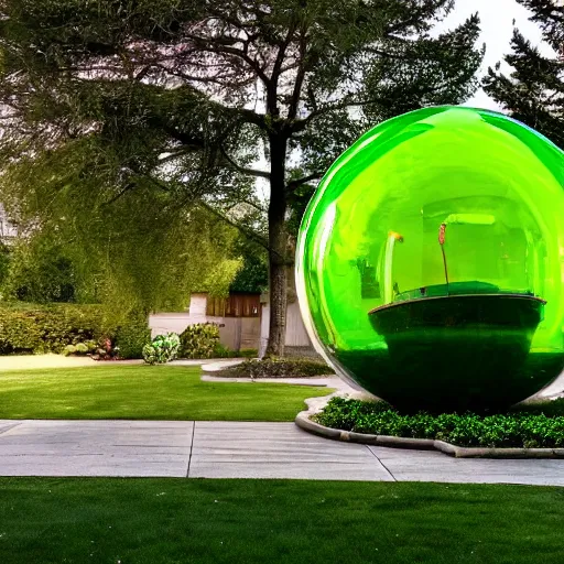 Prompt: a lawn mower inside a green neon glass sphere in a backyard of a house