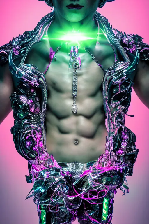 Image similar to full-body rococo and cyberpunk style crystal quartz sculpture of a young handsome seductive Puerto Rican android gogo boy reaching for the sky, glowing pink laser eyes, crown of white gears and diamonds, swirling green-colored silk fabric. futuristic elements. full-length view. intricate artwork by caravaggio. Trending on artstation, octane render, cinematic lighting from the right, hyper realism, octane render, 8k, depth of field, 3D