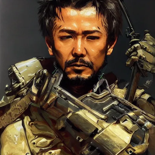 Image similar to portrait of a hero holding his sword in front of his face by yoji shinkawa, high quality, extra details, realism, ornate, colored, golden chain, blood, white skin, short hair, brown eyes, vivid, sunlight, dynamic, american man, military, futuristic freedom, white american soldier, painting