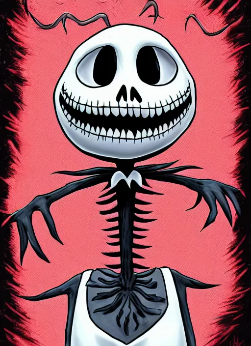 Image similar to jack skellington as a cosmic horror garfield with razor sharp teeth, red eyes, red teeth, digital art, lineart