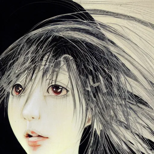 Image similar to Yoshitaka Amano realistic illustration of an anime girl with white hair, eyes without pupils and cracks on her face wearing dress suit with tie fluttering in the wind, abstract black and white patterns on the background, noisy film grain effect, highly detailed, Renaissance oil painting, weird portrait angle