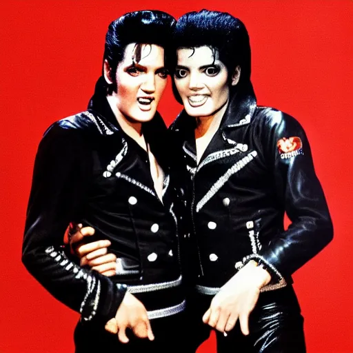 Image similar to elvis presley and michael jackson dancing, award winning photography, high detail, 4 k