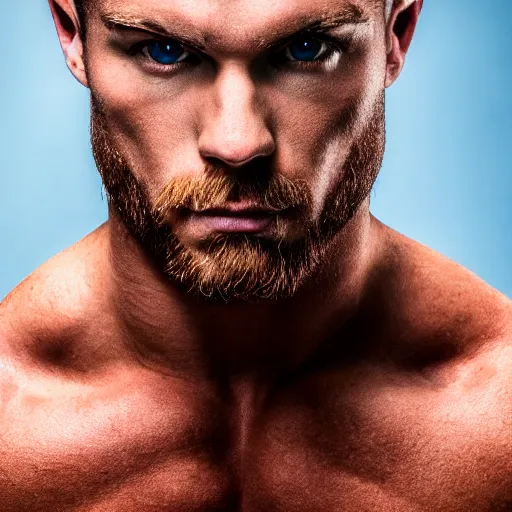 Image similar to photo of a close portrait of a handsome bodybuilder with blonde hair and blue eyes, studio lightning, 4 k, highly detailled