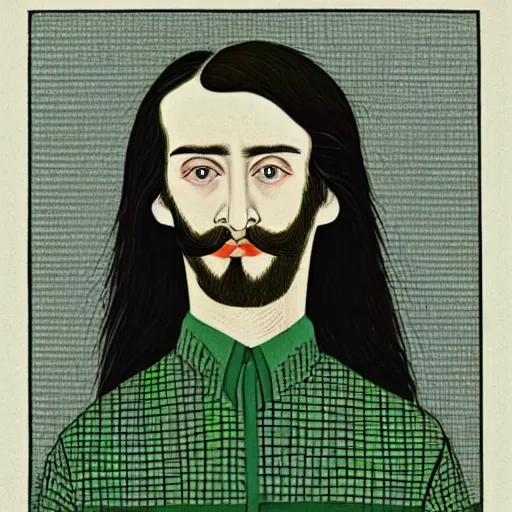 Image similar to young man, long hair!!!!, short facial hair, no mustache, dark green eyes, dark eyebrows, light widows peak light facial hair, in the style of mauritz cornelis escher, in - frame