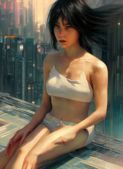 Prompt: girl sitting on a rooftop, cyberpunk, medium shot, expressive oil painting, by yoshitaka amano, by jeremy lipking, by artgerm, by wlop, digital art, portrait