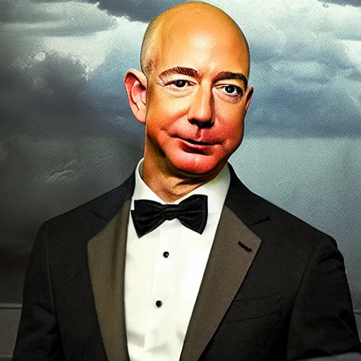 Prompt: a dramatically lit dutch angle portrait of Jeff Bezos covering himself with turtle wax in a thunderstorm.