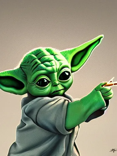 Prompt: baby yoda smocking a joint, digital painting, highly detailed