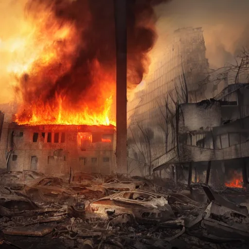 Prompt: the strenght of a horrifying fire in a destroyed dystopian city, very hyperrealistic picture, 4k