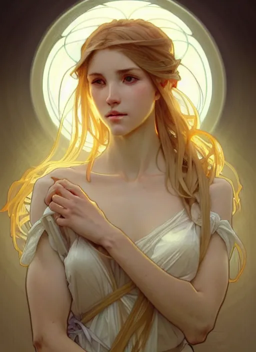 Prompt: digital character concept art by artgerm and greg rutkowski and alphonse mucha. clear portrait of a young wife blessed by god to uncontrollably become overwhelmingly perfect!! blonde, clothed! obviously feminine holy body!! light effect. hyper detailed, glowing lights!! intricate, elegant, digital painting, artstation, smooth, sharp focus