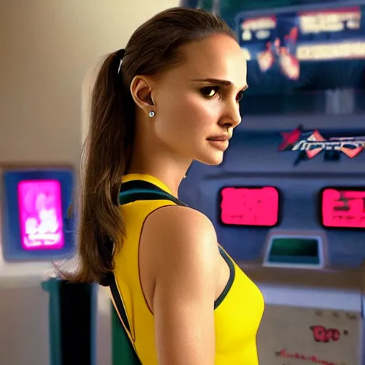 Prompt: photo of Natalie Portman in video game F-Zero, standing next to a racing machine, fine art photography 8k