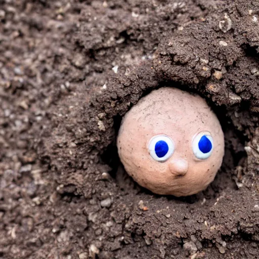 Image similar to photo of a small round creature made of dirt with round blue eyes and a round clown nose and a cute smile