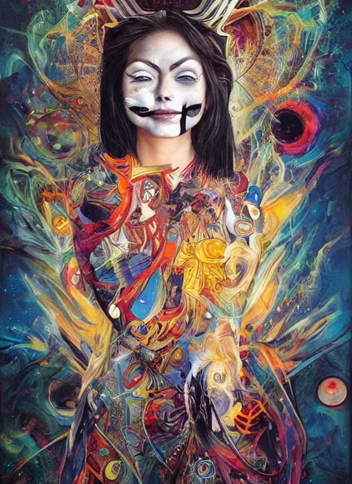 Prompt: gorgeous magic cult psychic woman smiling, third eye, subjective consciousness psychedelic, epic surrealism expressionism symbolism, story telling, iconic, dark robed, oil painting, symmetrical face, dark myth mythos, by Sandra Chevrier, Noriyoshi Ohrai masterpiece