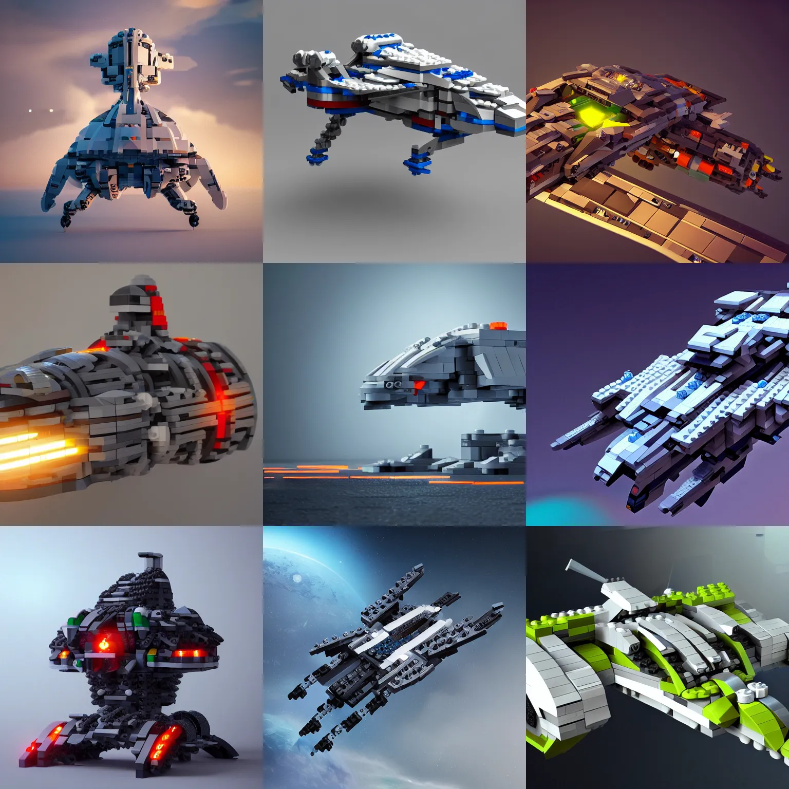 Prompt: a futuristic spaceship made of lego blocks, concept art, matte painting, trending artstation, octane render, 8k