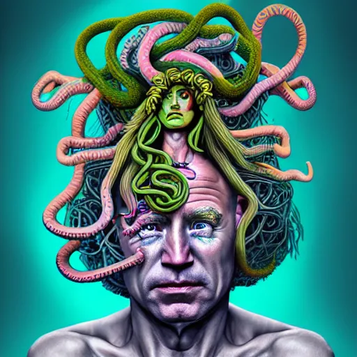 Image similar to an extremely psychedelic portrait of medusa as joebiden, surreal, lsd, face, detailed, intricate, elegant, lithe, highly detailed, digital painting, artstation, concept art, smooth, sharp focus, illustration