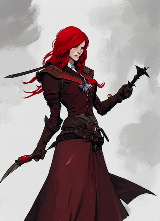 Image similar to concept art of a beautiful red haired female warlock. witcher 3 character design by laurie greasley and sherree valentine daines concept art, matte, sharp focus, illustration, hearthstone, art by artgerm and greg rutkowski and alphonse mucha