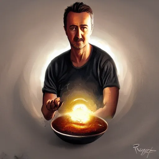 Prompt: an egg frying in a pan with edward norton's face in the yolk, concept art by greg rutkowski, artgerm