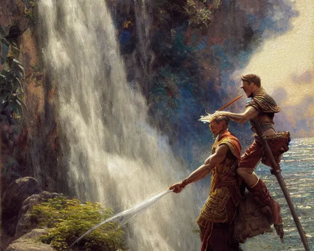 Image similar to attractive male wizard casting time magic, stopping water from a waterfall. highly detailed painting by gaston bussiere, craig mullins, j. c. leyendecker 8 k