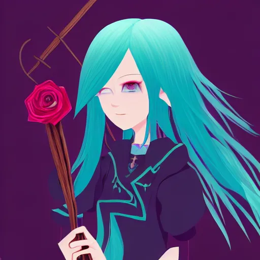 Image similar to A young adult witch with a cottage-core aesthetic with rose-colored hair and teal clothing, Nobutaka Ike, character design, fantasy, 8k resolution