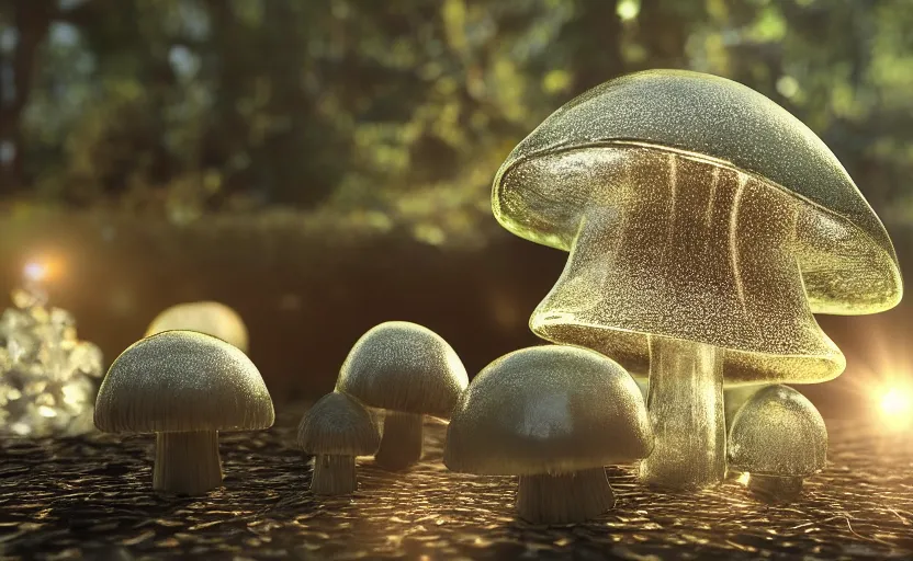 Image similar to a photography from cristal clear mushroom, god rays, raytracing effects, 8 k, photorealistic, 2 4 mm