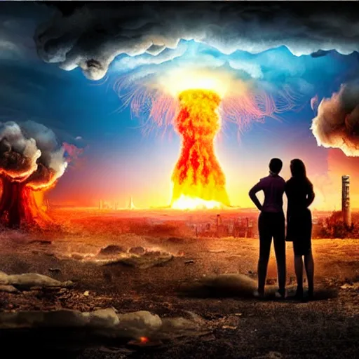 a young couple watching a nuclear explosion, romantic, | Stable