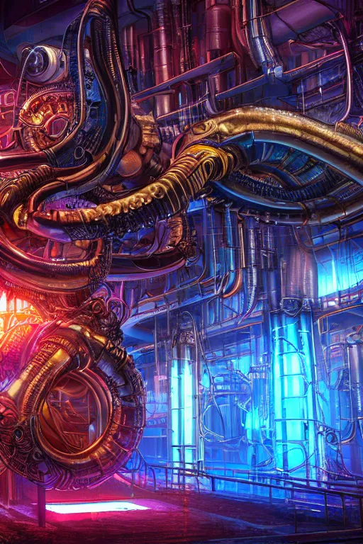 Image similar to portrait of cyberpunk octopus, symmetric, body full glowing vacuum tubes, realistic digital art, 3 d render of two huge futuristic steampunk generators inside a huge steampunk engine, 8 k, fluorescent colors, halluzinogenic, multicolored, exaggerated detailed, unreal engine