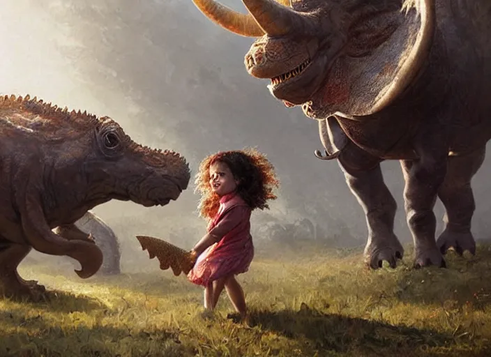 Image similar to a cute little girl with wavy curly brown hair meets a triceratops. beautiful painting by greg rutkowski