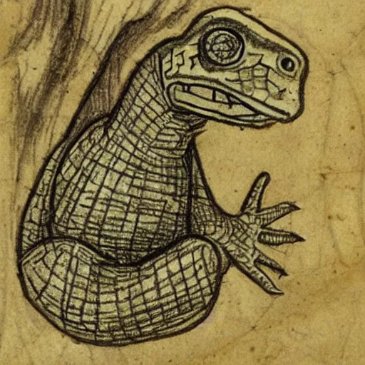 Image similar to medieval sketch of an exhausted anthropomorphic lizard