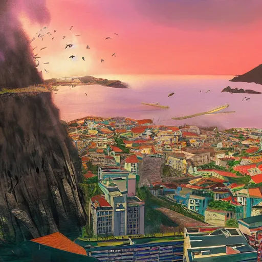 Image similar to king kong destroying funchal's city bay near the streets, trampled, by caio fantinim, trending on artstation, award winning