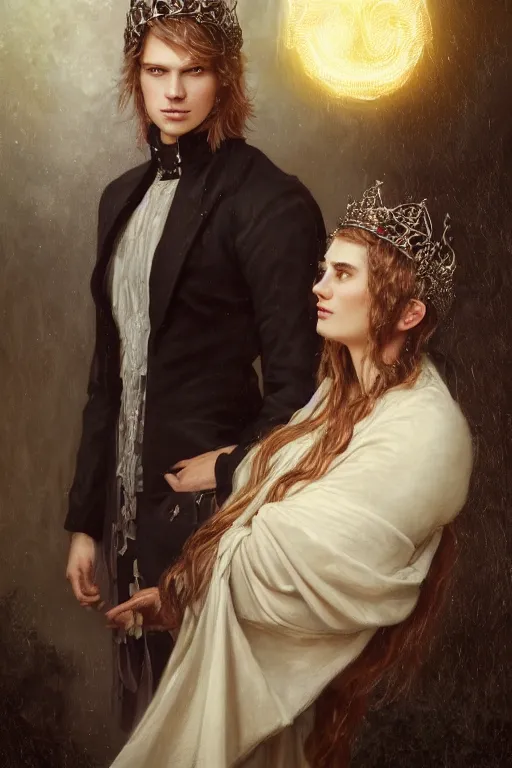 Image similar to a portrait of handsome young male nordic Satan wearing a subtle crown of light and his elegant beautiful nordic cultist wife, bored, illustration, dramatic lighting, soft details, painting oil on canvas, art nouveau, octane render, HDR, 4k, 8k, HD, by Edmund Blair Leighton, Brom, Charlie Bowater, trending on artstation, faces by Tom Bagshaw, Sargent