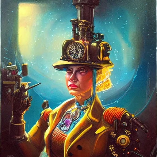 Prompt: steampunk portrait of cyborg queen victoria by paul lehr