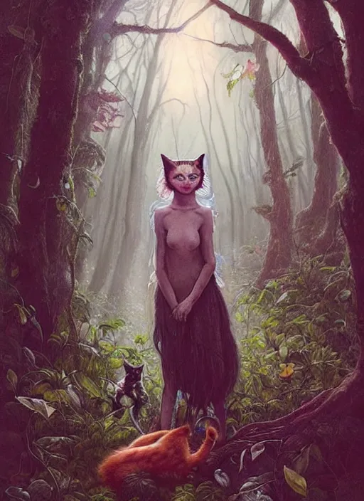 Image similar to a hyper realistic cat witch fairy in the woods gorgeous lighting, lush forest foliage painting by chiara bautista and beksinski and norman rockwell and greg rutkowski weta studio, and lucasfilm