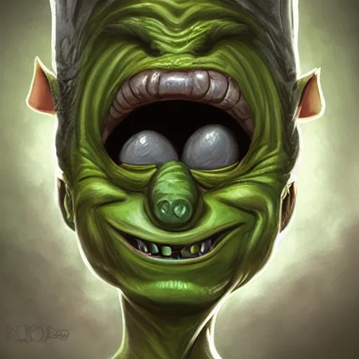 Prompt: headshot of a goblin with a bulbous nose, long ears, black slick hair, a white clouded eye and a scar, wicked smile, greenish skin, dnd illustration, concept character in the style of boris vallejo and jeff easley, digital art, photoshop, trending on artstation,