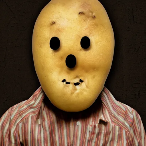 Prompt: a man made of potato, dark, spooky, horror, scary