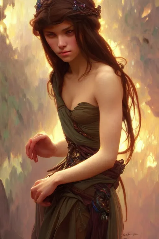 Prompt: prerafaelite portrait of a single young teen model looking moved and touched, upper body, fantasy, intricate, elegant, highly detailed, digital painting, artstation, concept art, matte, sharp focus, illustration, art by Artgerm and Greg Rutkowski and Alphonse Mucha