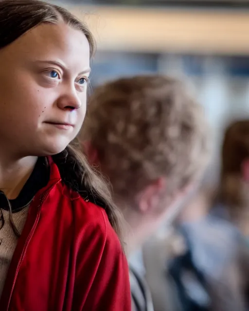 Image similar to film still close - up shot of greta thunberg giving a speech in a crowded train station eating pizza, smiling, the sun is shining. photographic, photography