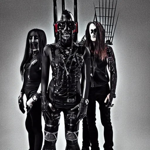 Prompt: cyberpunk black metal band, guitarists, bassist, drummer, vocalist, all black cyberpunk clothes, robotic prothetic limbs, dermal implants, cyborg satan, realistic, promo photograph, high quality, highly detailed