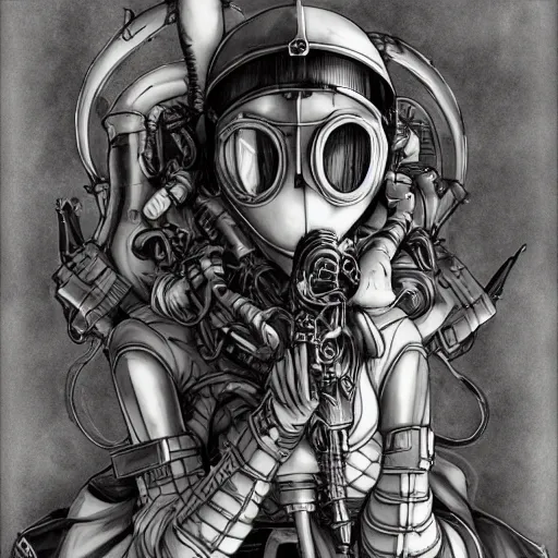 Prompt: beautiful bishoujo maiden queen ww1 soldier gas mask, xenomorph, biomech, ink monochrome, portrait, character design, worn, dark, manga style by yoshitaka amano, tsutomo nihie, kelly mckernan, peter mohrbacher, harry clarke, takayuki takeya, machinerie, industrial warfare,