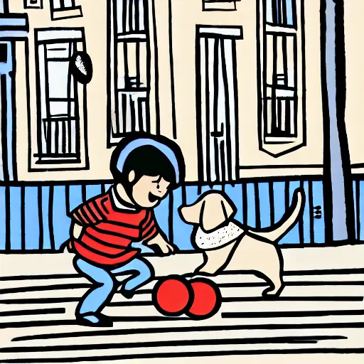 Image similar to illustration of boy playing football with his dog on the streets of paris, his dog dog is a corgi that wears a polkadot scarf