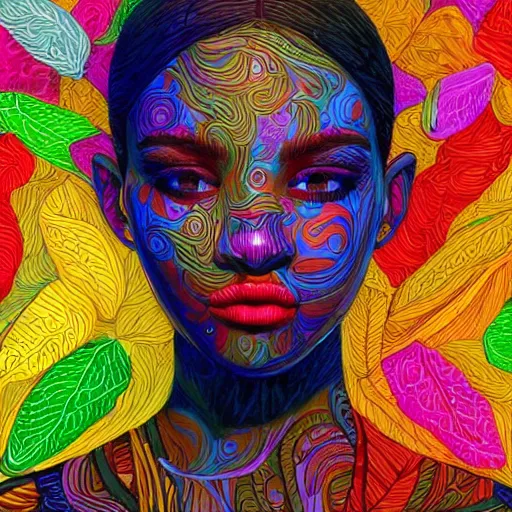 Image similar to the portrait of a beautiful young woman partially made up of peppers of all colors, an ultrafine detailed illustration by james jean, intricate linework, bright colors, final fantasy, behance contest winner, vanitas, angular, altermodern, unreal engine 5 highly rendered, global illumination, radiant light, detailed and intricate environment