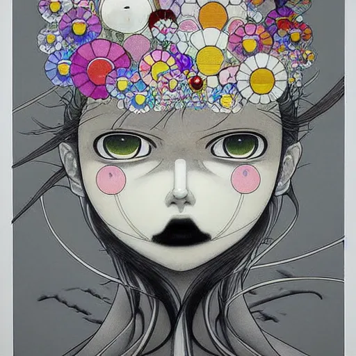 Prompt: prompt: Fragile looking soft light portrait face drawn by Takashi Murakami and Katsuhiro Otomo, inspired by Ghost in Shell anime, magical and alchemical objects on the side, soft light, monochrome background, intricate detail, intricate ink painting detail, sharp high detail, manga and anime 2000