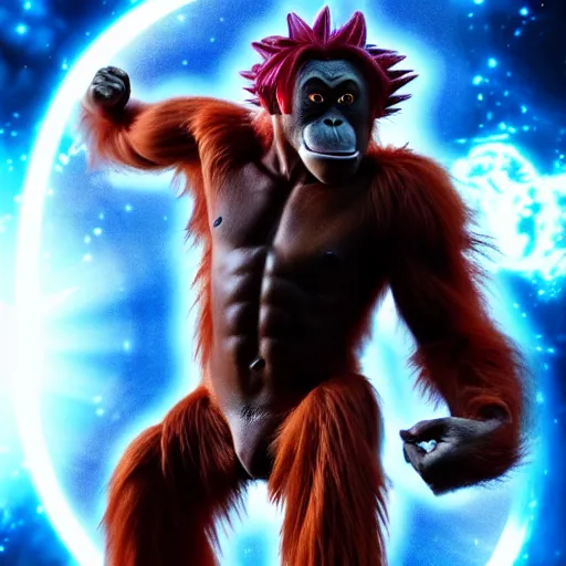 Image similar to an orangutan in dragon ball z going ultra instinct, 4 k, hyper realistic, dslr, high resolution, landscape, beautiful, anime, super saiyan, ultra instinct