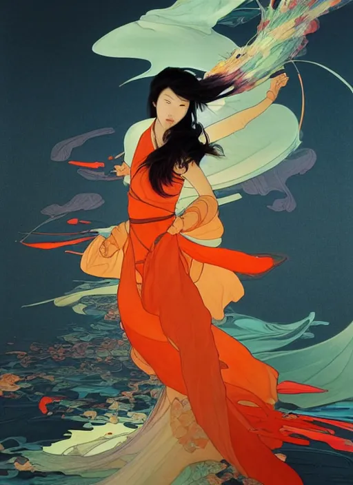 Image similar to mulan, orange spike aura in motion, damaged japanese clothes, floating pieces, painted by art by tsuyoshi nagano, greg rutkowski, artgerm, alphonse mucha, spike painting