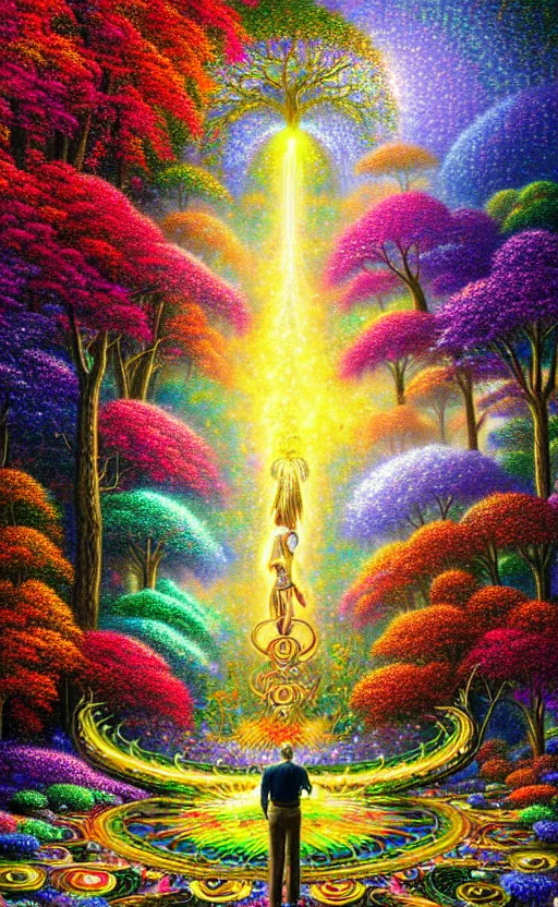 Prompt: a highly detailed image of a man being assisted to the afterlife by iridescent beings, spiritual evolution, ornate metallic jeweled structures landscape, autum garden, visionary art by gilbert williams, lisa frank, thomas kinkade,