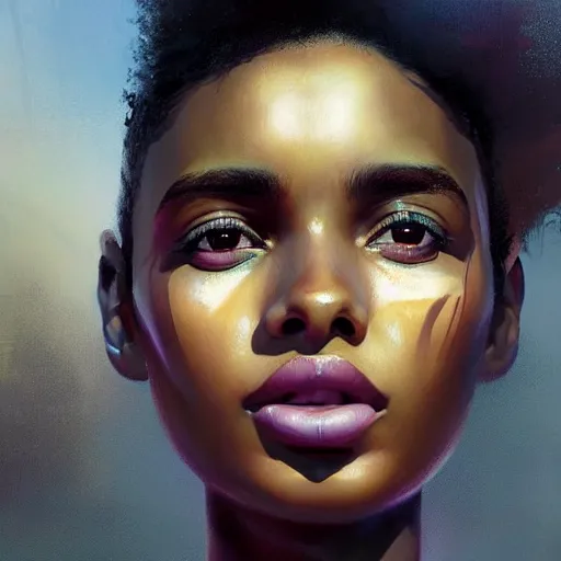 Image similar to ! dream electric yara shahidi, afrofuturism, cute - fine - face, pretty face, oil slick hair, realistic shaded perfect face, extremely fine details, realistic shaded lighting, dynamic background, oil painting, by greg rutkowski