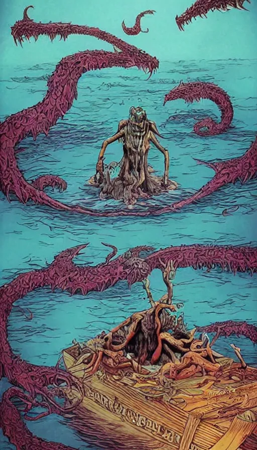 Image similar to man on boat crossing a body of water in hell with creatures in the water, sea of souls, by alex pardee