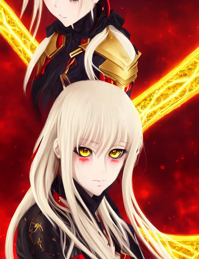 Image similar to an anime portrait of a blonde vampire girl with glowing red eyes in gold plated armour, trending on artstation, digital art, 4 k resolution, detailed, high quality, sharp focus, hq artwork, coherent, insane detail
