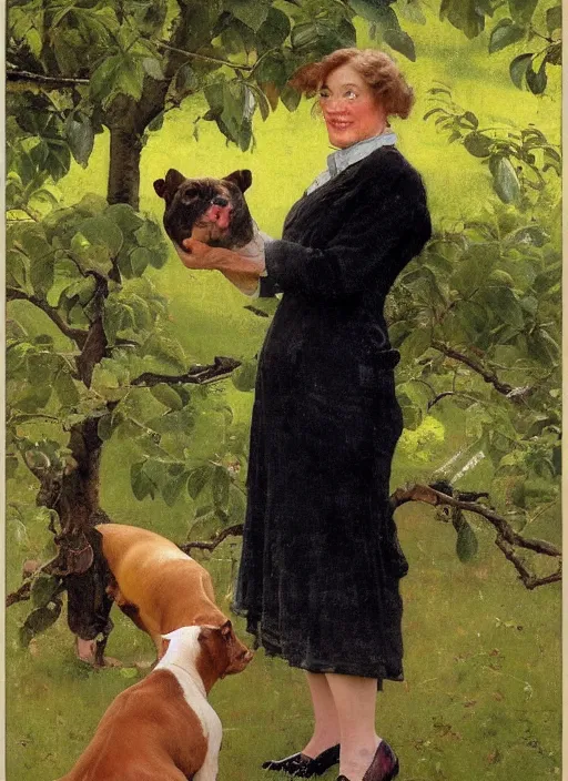 Image similar to illustration full body portrait of elegant slim mature woman standing beside staffordshire bull terrier in orchard, by norman rockwell, roberto ferri, daniel gerhartz, tom lovell, dean cornwell