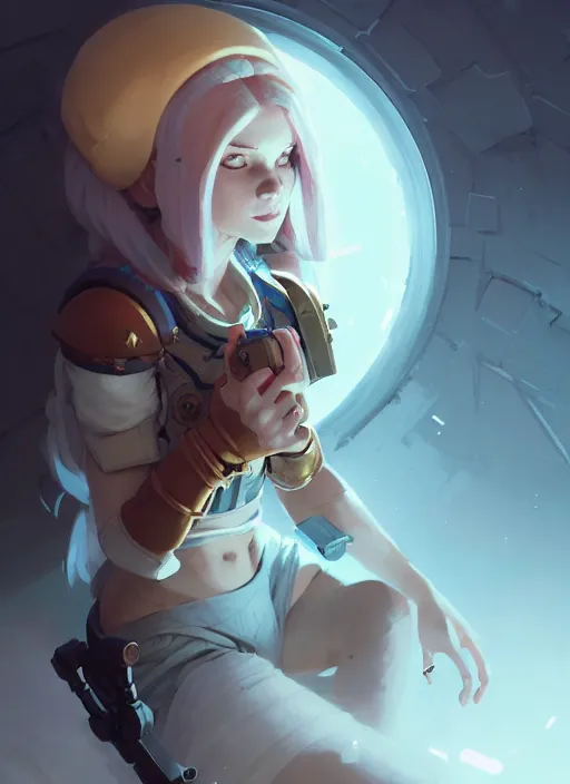 Image similar to portrait of cute psyker girl, warhammer 4 0 k, by atey ghailan, by greg rutkowski, by greg tocchini, by james gilleard, by joe gb fenton, by in kaethe butcher, dynamic lighting, gradient light blue, brown, blonde cream and white color in scheme, grunge aesthetic